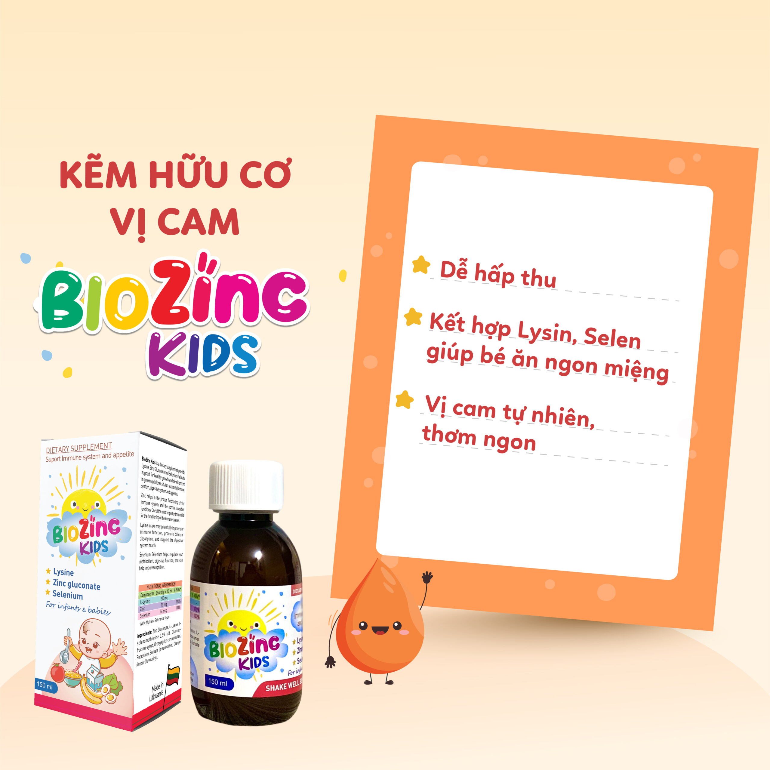 Siro Kẽm hữu cơ vị cam Biozinc Kids