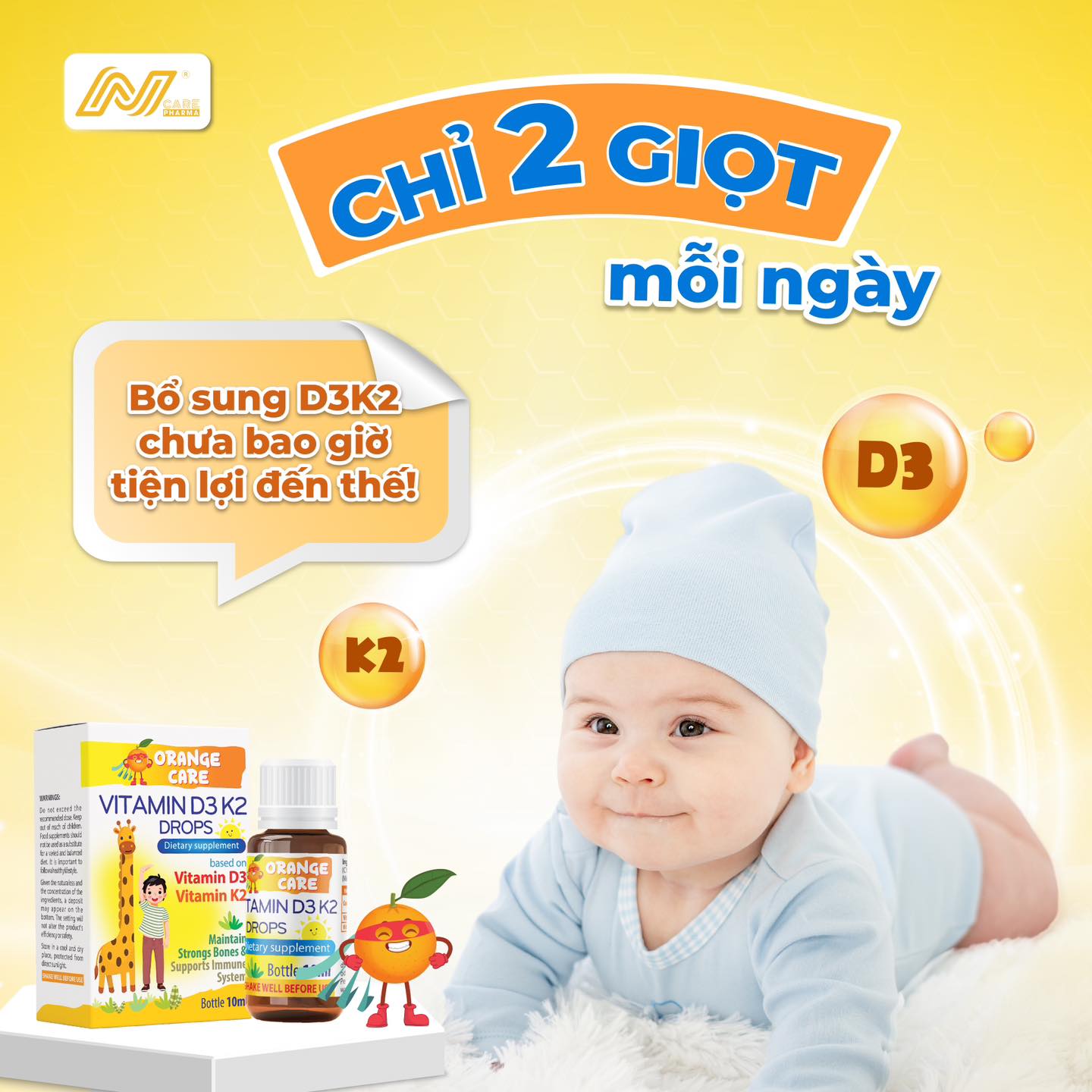 Vitamin D3 K2 Drops 2 giọt/ngày cung cấp 400 IU Vitamin D3 + 10 mcg Vitamin K2 (MK7)